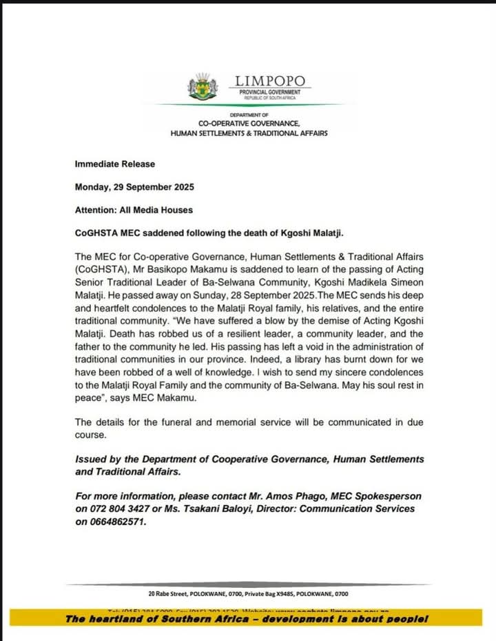 The sad passing of the Acting Kgoshi Malatji